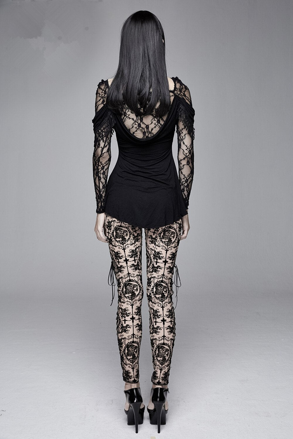Women's Gothic Lace Cameo Leggings – Black & Nude, XS–3XL