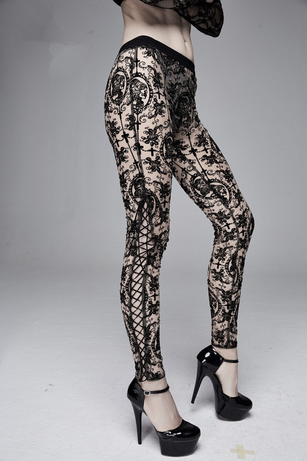 Women's Gothic Lace Cameo Leggings – Black & Nude, XS–3XL