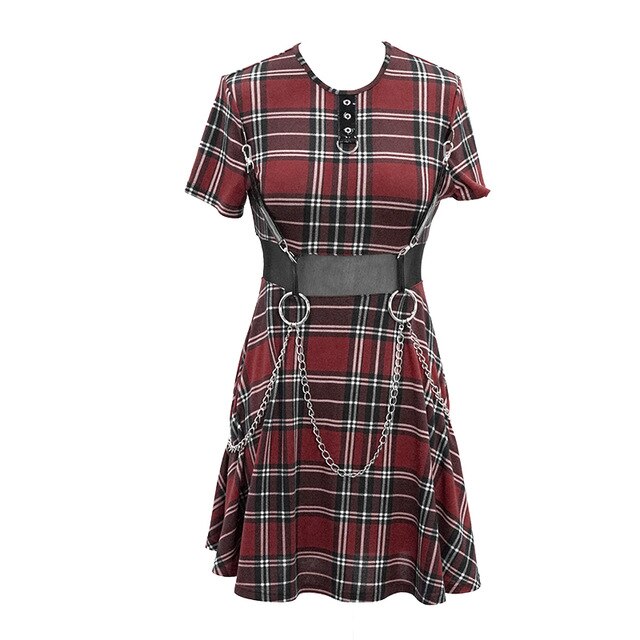 Women's Red Tartan Chain Mini Dress – XS–4XL