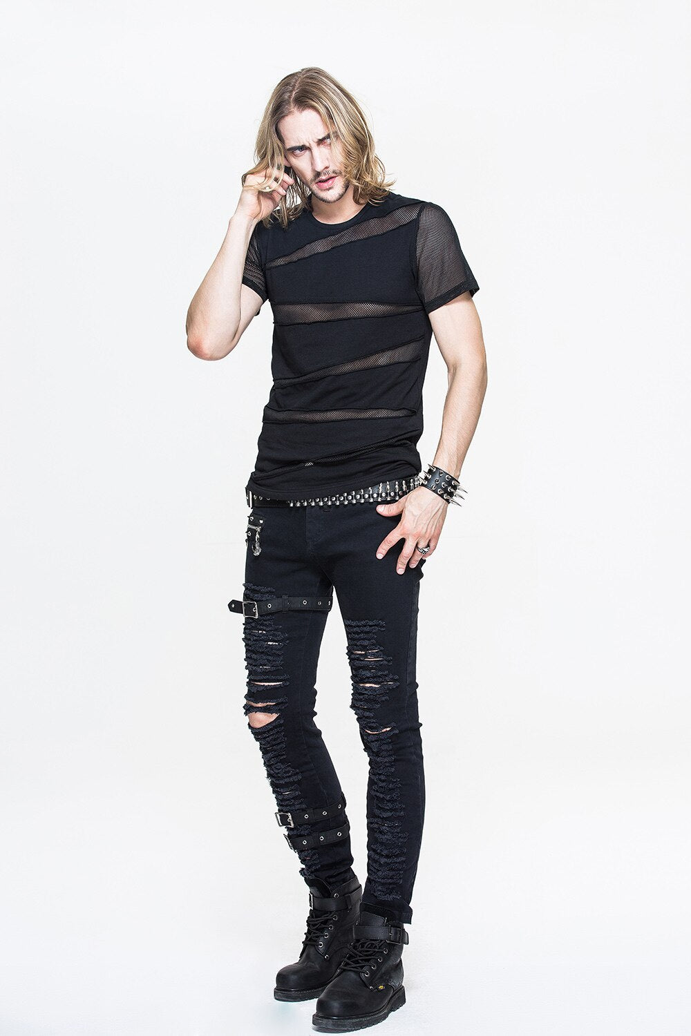 Men's Black Gothic Slashed Mesh T-Shirt