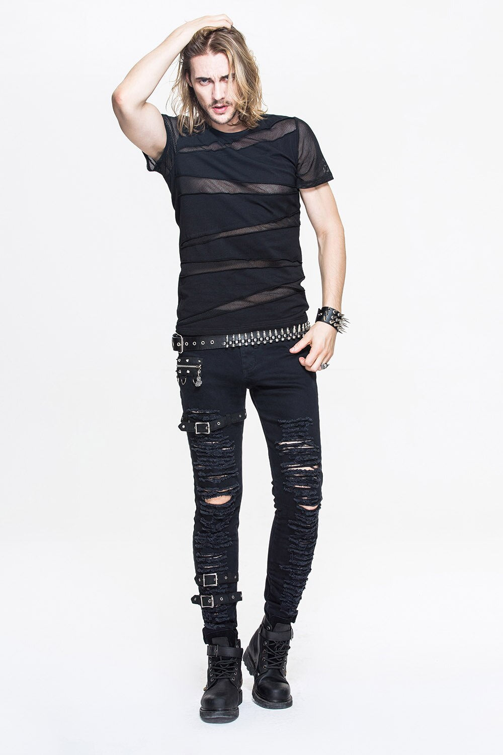 Men's Black Gothic Slashed Mesh T-Shirt