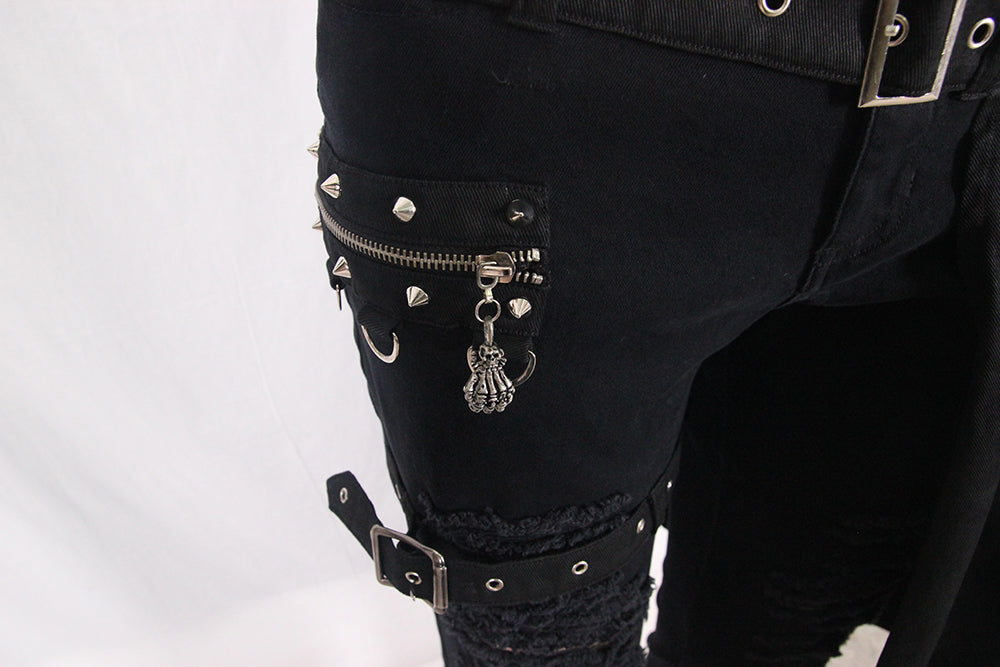 Men's Distressed Gothic Cargo Pants with Buckles & Skeleton Zip