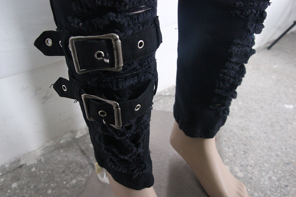 Men's Distressed Gothic Cargo Pants with Buckles & Skeleton Zip