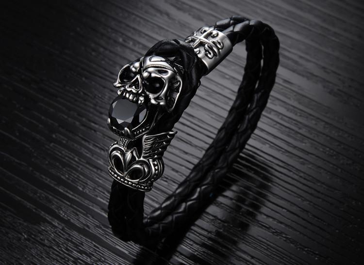 Gothic Genuine Leather Skull Bracelet – 21cm