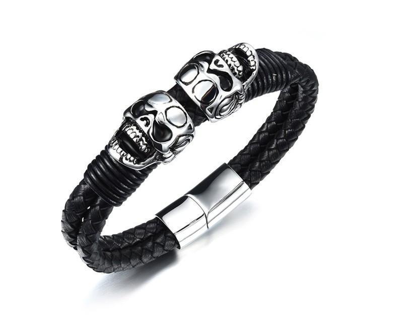 Men's Gothic Braided Leather Skull Bracelet – 21cm
