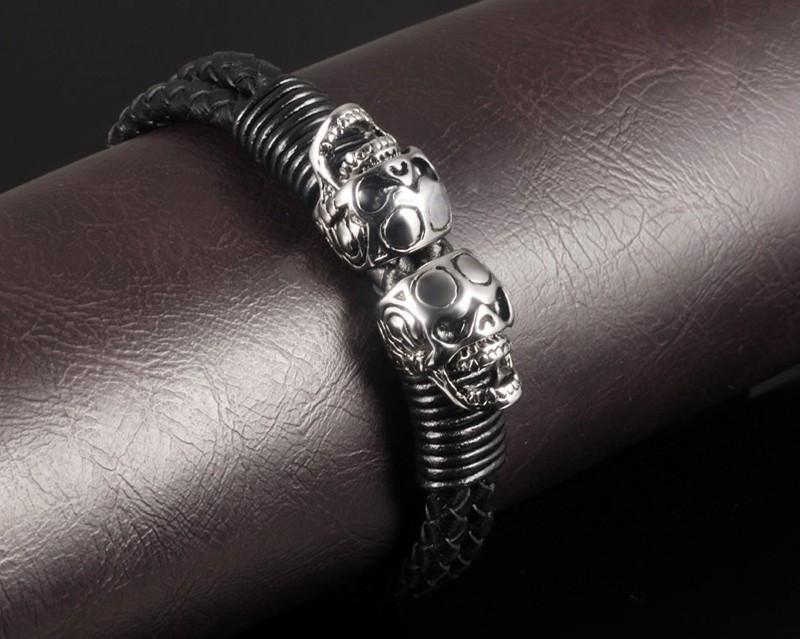 Men's Gothic Braided Leather Skull Bracelet – 21cm