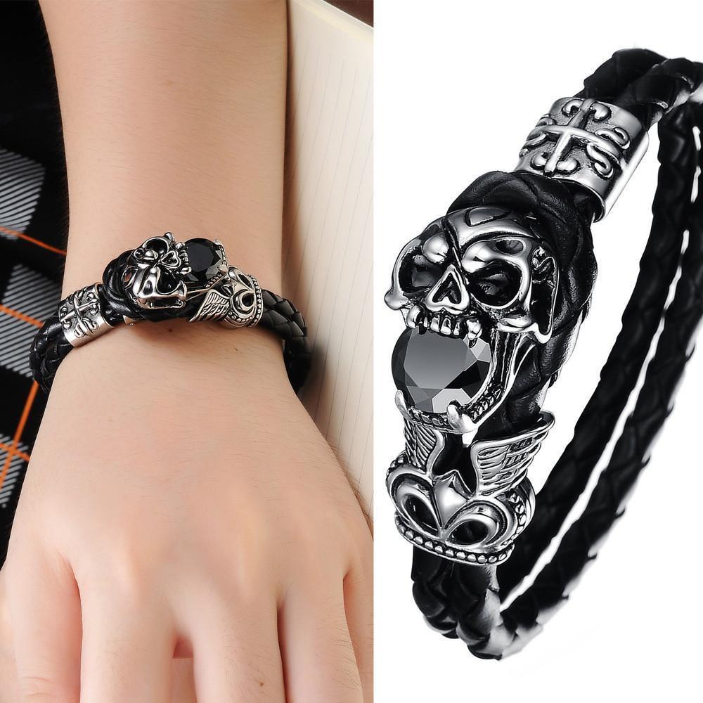 Gothic Genuine Leather Skull Bracelet – 21cm