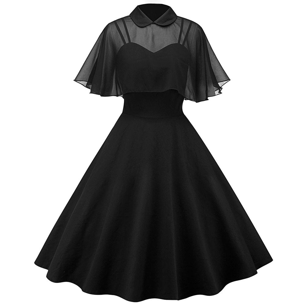 Women's Black Widow Retro Dress with Removable Collar – S–XXL