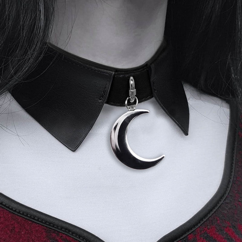 Black Gothic Crescent Moon Faux Leather Choker