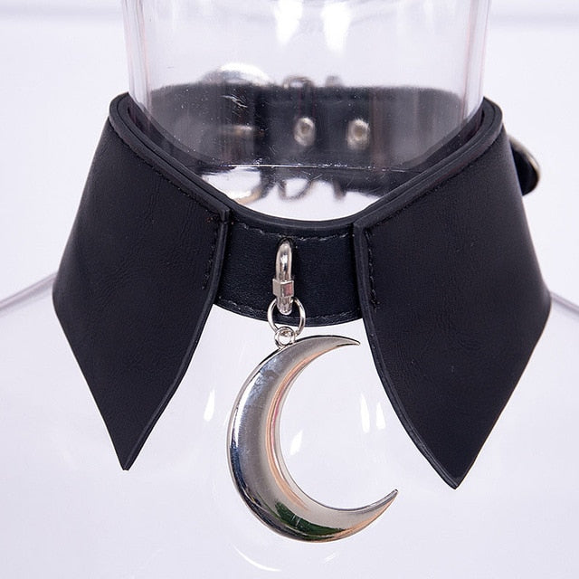 Black Gothic Crescent Moon Faux Leather Choker