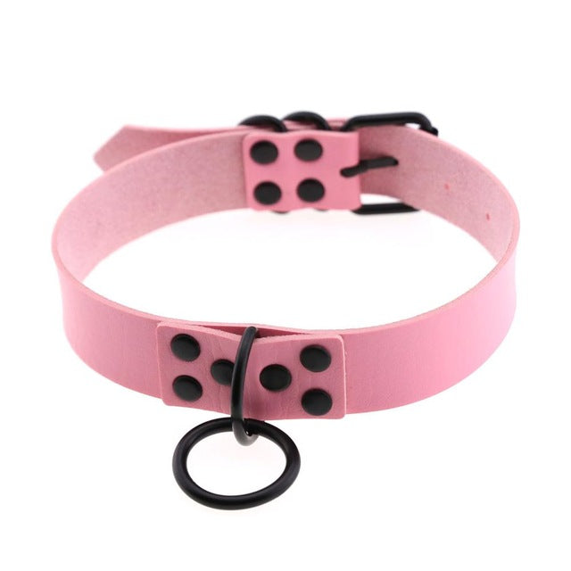 O-Ring Faux Leather Choker with Detachable Chain – 15 Colours