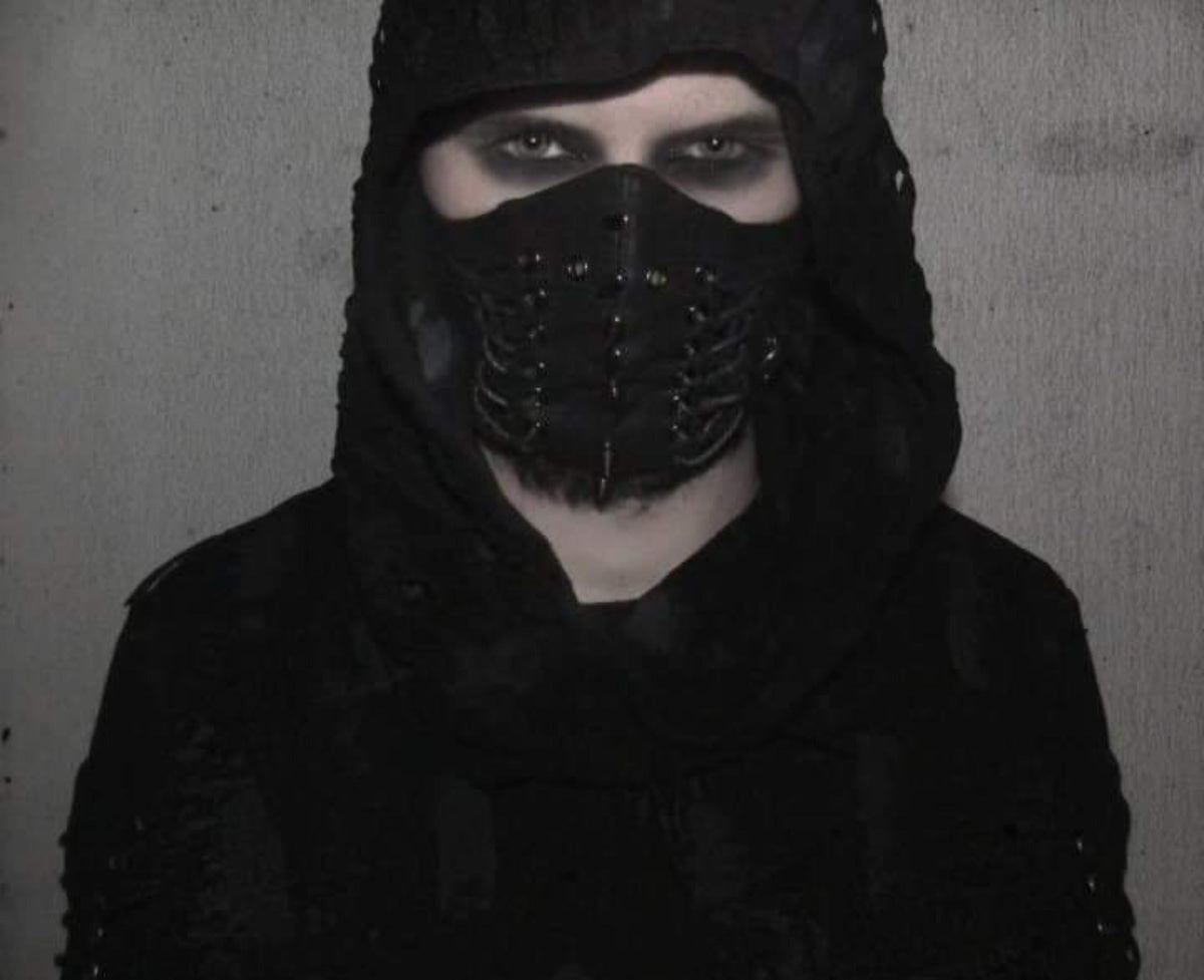Black Gothic Industrial Faux Leather Mask – Spikes & Lacing