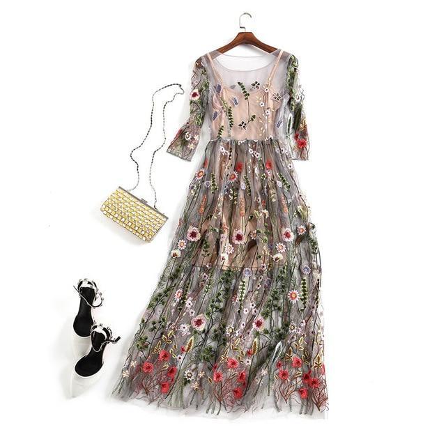 Women's Embroidered Lace Maxi Dress – Black or Beige