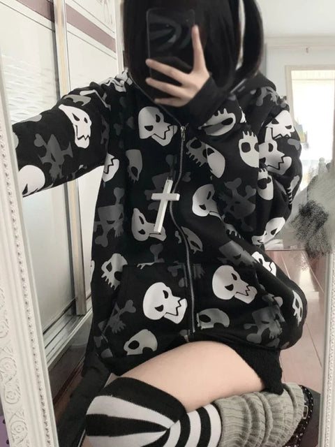 Women's Skull Hoodie – Black, Oversized Fit