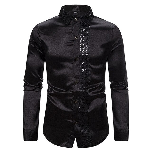 Men's Gothic Sequin Patchwork Shirt – Long Sleeve – S–XXL