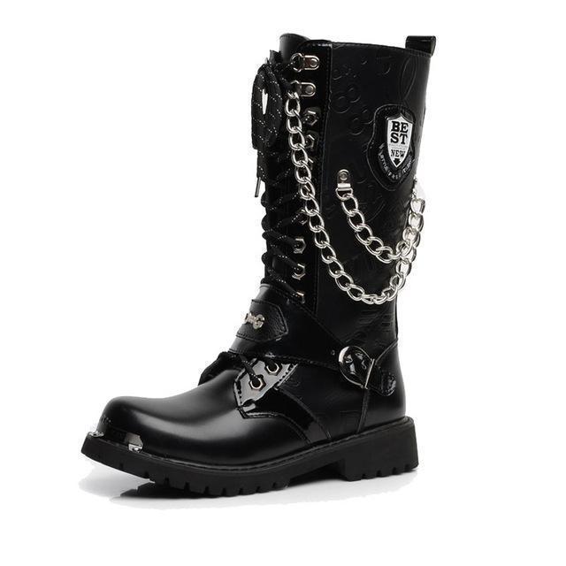 Men's Gothic Military Combat Boots with Chain – PU Leather