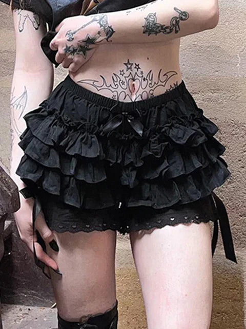 Women's Black Lolita Lace Bow Shorts – S–L