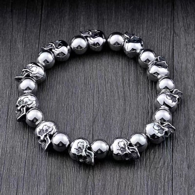Men's Gothic Skull Beaded Bracelet – Silver