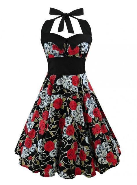 Women's Skull Print Dress – Black or Red, S–5XL