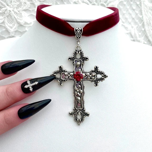 Vintage Gothic Cross Choker – Black & Red