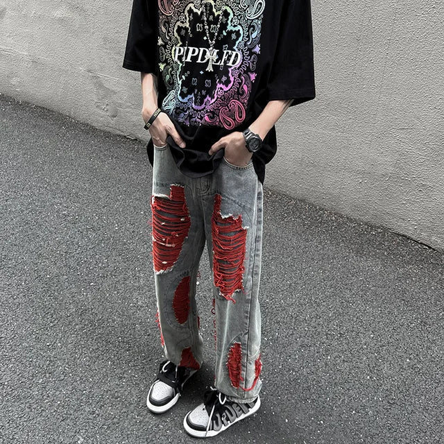 Men's Gothic Ripped Loose-Fit Jeans – Red Denim