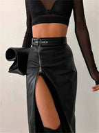 Women's Black High-Waist Faux Leather Split Skirt