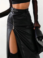 Women's Black High-Waist Faux Leather Split Skirt